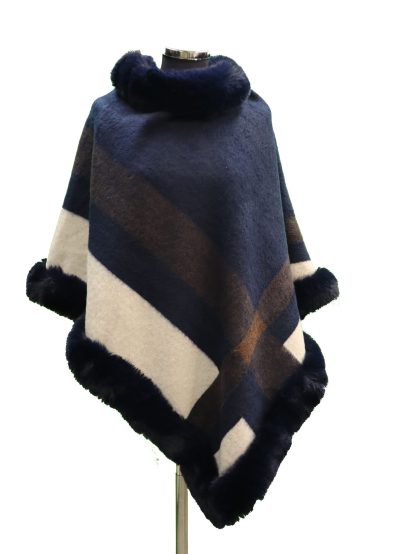 Holtkamp poncho blauwe ruit met fake fur